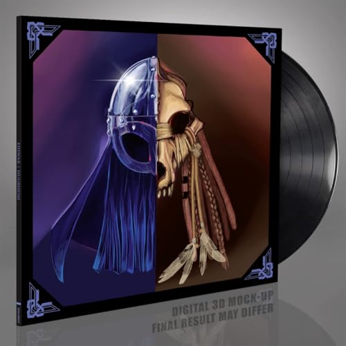 Vinyl record cover featuring a helmet and skull split by color.