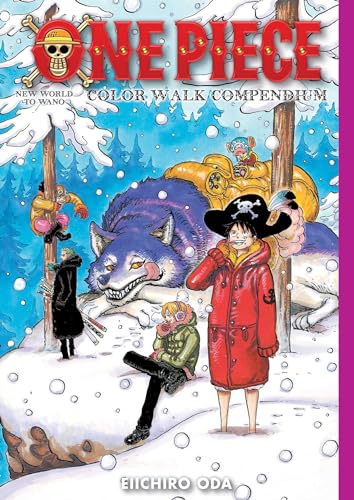 One Piece characters in winter gear with a large wolf in a snowy forest.