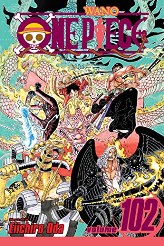 Manga cover of One Piece Volume 102 featuring Luffy, Zoro, Sanji, and King.