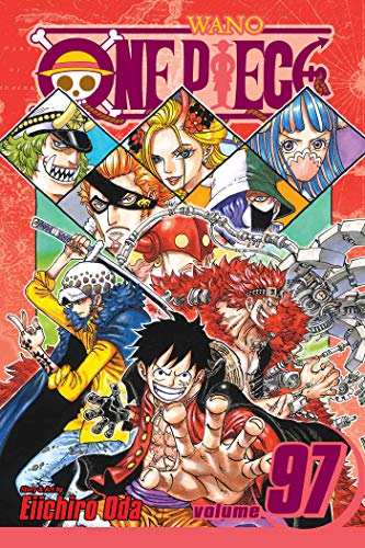 One Piece Volume 97 manga cover featuring Luffy, Law, Kid, and various Wano characters.