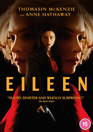 DVD cover for Eileen featuring Thomasin McKenzie and Anne Hathaway with a handgun.