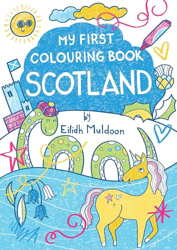 Children’s colouring book cover with Scottish themes, a unicorn, and the Loch Ness Monster.