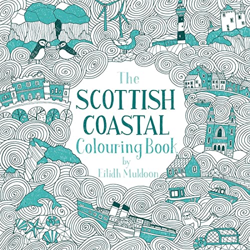 Intricate blue and white line drawing of Scottish coastal scenes and buildings.