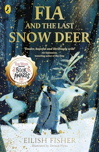 Book cover showing a girl in a blue coat walking beside a white reindeer.