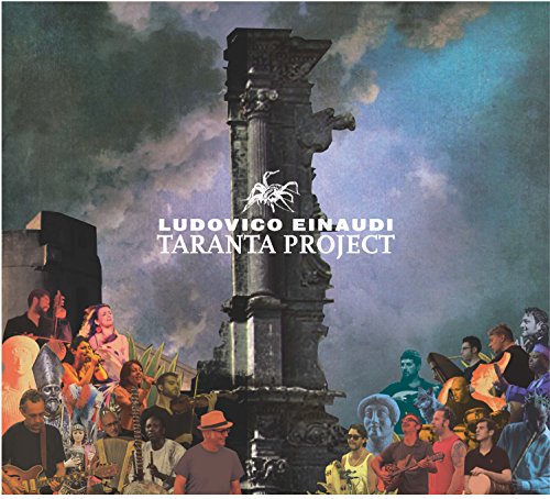 Album cover for Ludovico Einaudi’s "Taranta Project" featuring musicians and a column.