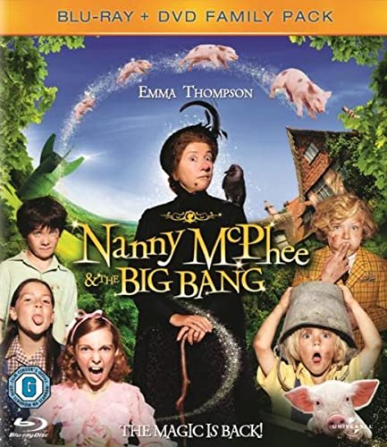 Nanny McPhee stands centrally surrounded by children, a bird, and flying piglets on cover.