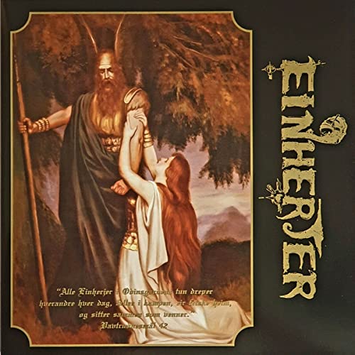Einherjer CD cover: Viking warrior with a woman, ornate gold lettering.