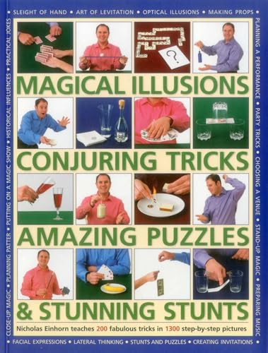 Book cover displaying various magic tricks, puzzles, and illusions with a man.