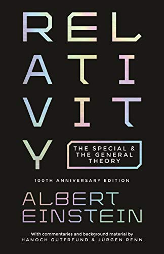 Book cover for Relativity by Albert Einstein with iridescent lettering on a black background.