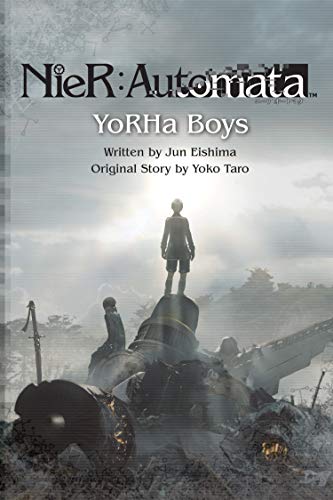 Book cover for NieR:Automata YoRHa Boys featuring figures standing atop wreckage against a bright sky.