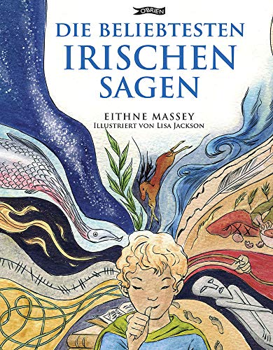 Book cover: “Die Beliebtesten Irischen Sagen” with illustration of boy and bird.
