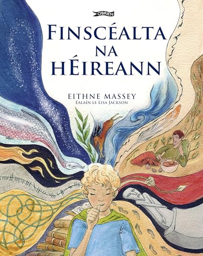 Book cover with a boy, swirling watercolor designs, and Irish text.