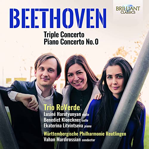 CD cover featuring three musicians and text: Beethoven, Triple Concerto, Piano Concerto No.0.