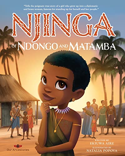 Book cover depicting young Njinga with people in a tropical landscape.