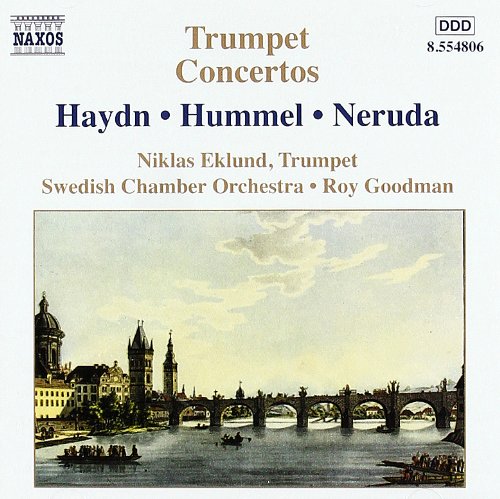 CD cover: "Trumpet Concertos" by Haydn, Hummel, Neruda, with cityscape.