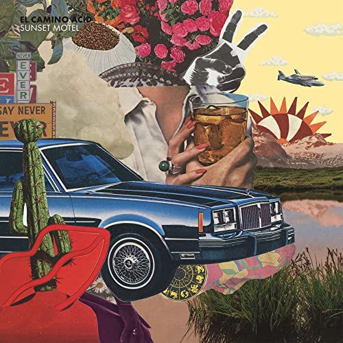 Surreal collage featuring a blue car, a hand holding a drink, and desert imagery.