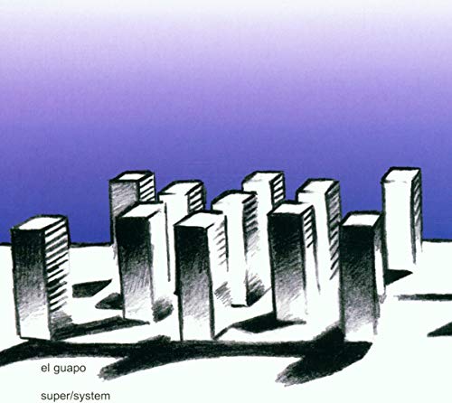 A sketch of stylized rectangular buildings against a purple gradient sky.