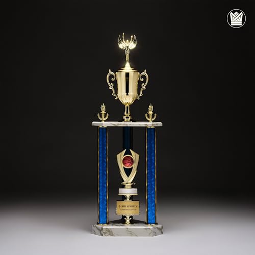 Gold trophy with a basketball on a marble and blue base.