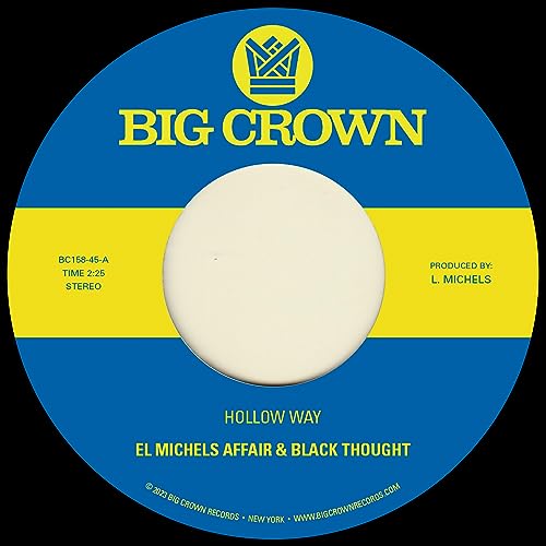 Yellow and blue vinyl record label with text: "El Michels Affair & Black Thought.