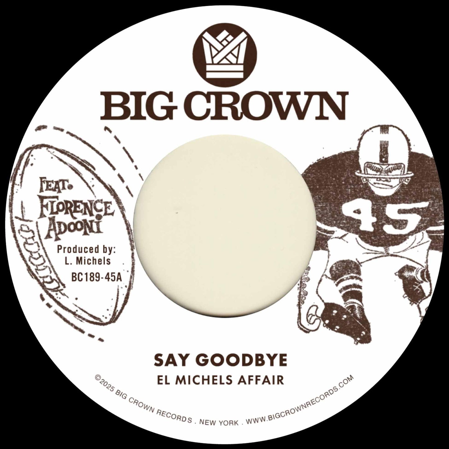 Vinyl record label for El Michels Affair’s “Say Goodbye” with football imagery.