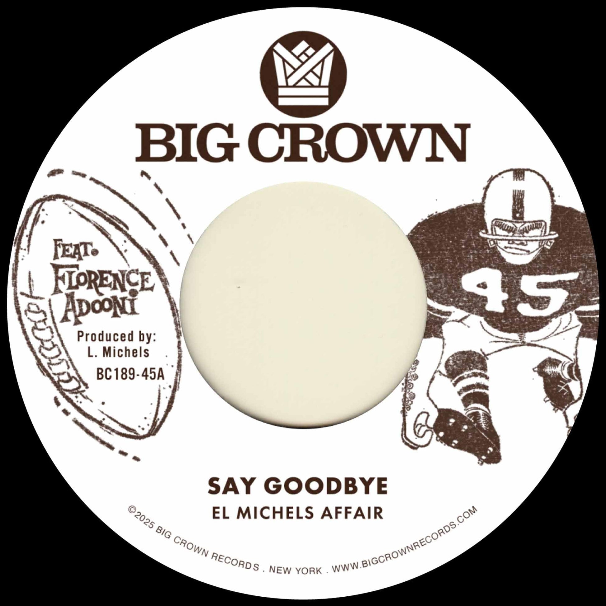 Vinyl record label for El Michels Affair’s “Say Goodbye” with football imagery.