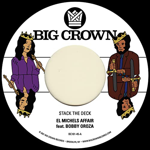 7-inch vinyl record label with illustrated figures and text.