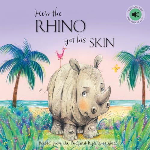 Book cover: a grey rhino with wrinkly skin, a bird, and palm trees.