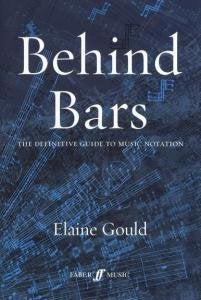 Book cover of Behind Bars by Elaine Gould featuring blue musical notation background.
