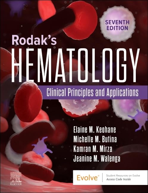 Textbook cover for Rodak's Hematology, showing red blood cells and white blood cells.