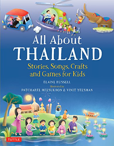 Book cover: “All About Thailand” with illustrations of Thai culture.