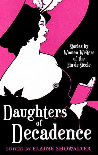 Book cover: woman in profile, holding a book, pink and black design.