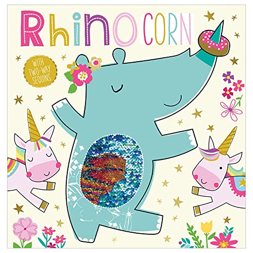 A blue rhinocorn with a sequined belly surrounded by two small pink unicorns.
