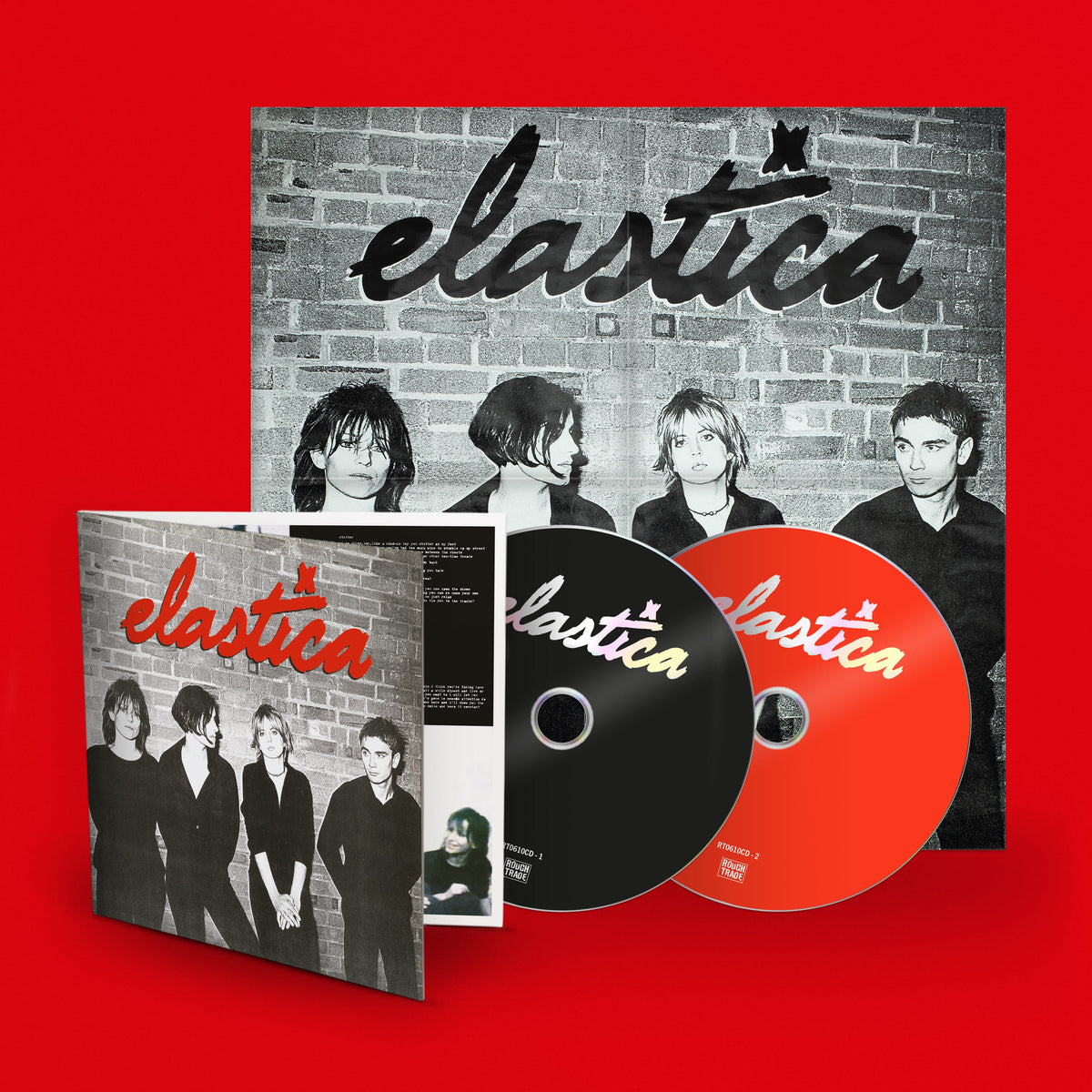 Elastica album cover and two CDs, band members pictured on packaging.