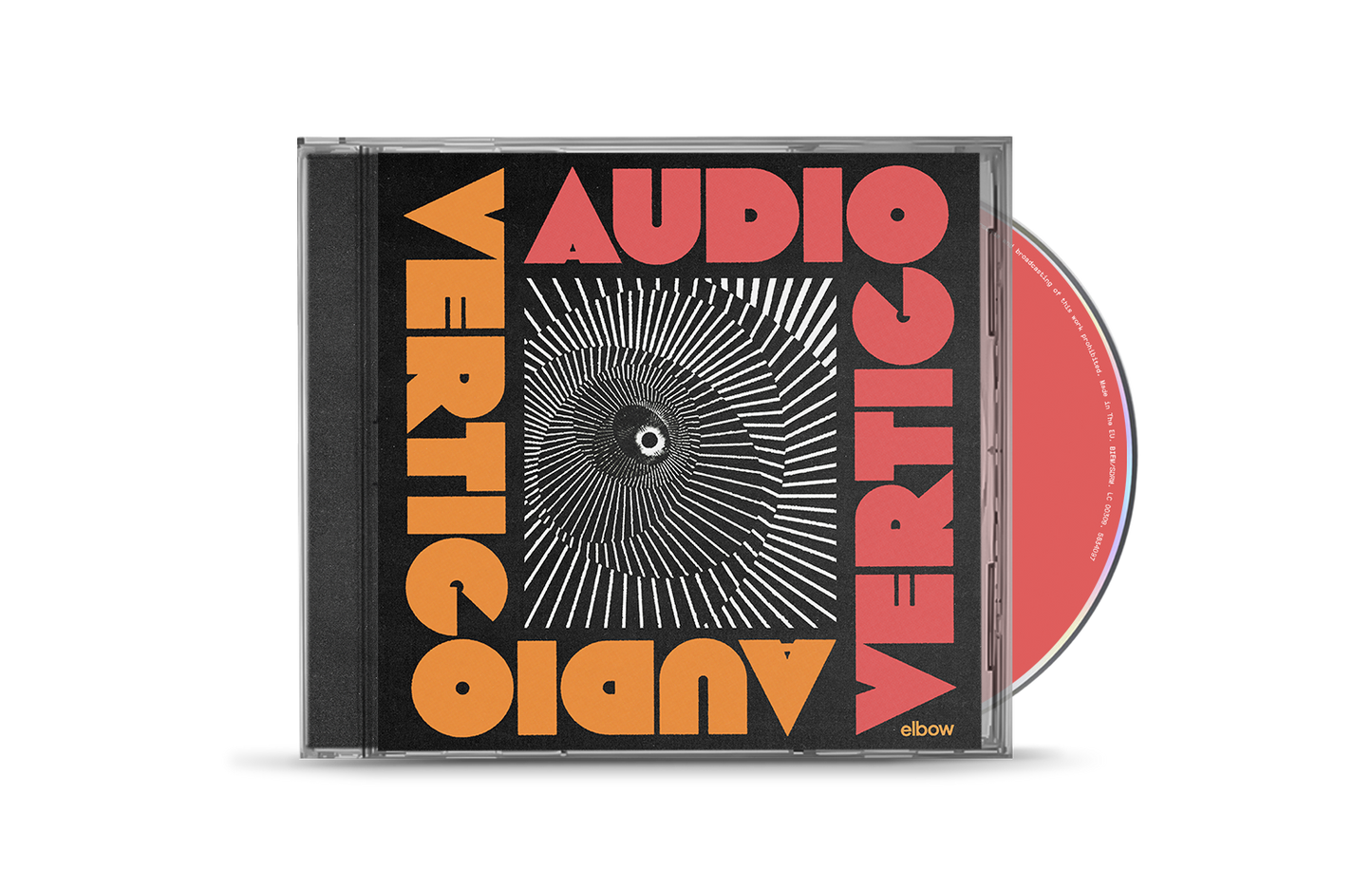 Elbow’s “Audio Vertigo” CD case with bold text and radial design.