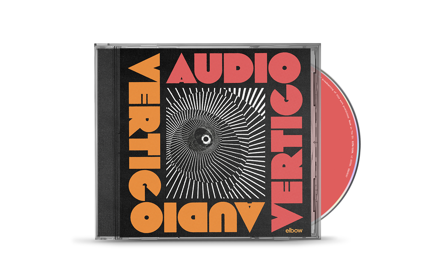 Elbow’s “Audio Vertigo” CD case with bold text and radial design.