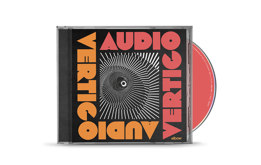 Elbow’s “Audio Vertigo” CD case with bold text and radial design.