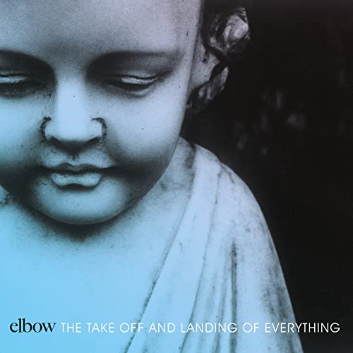 Close-up of a stone face with closed eyes, album cover for Elbow.
