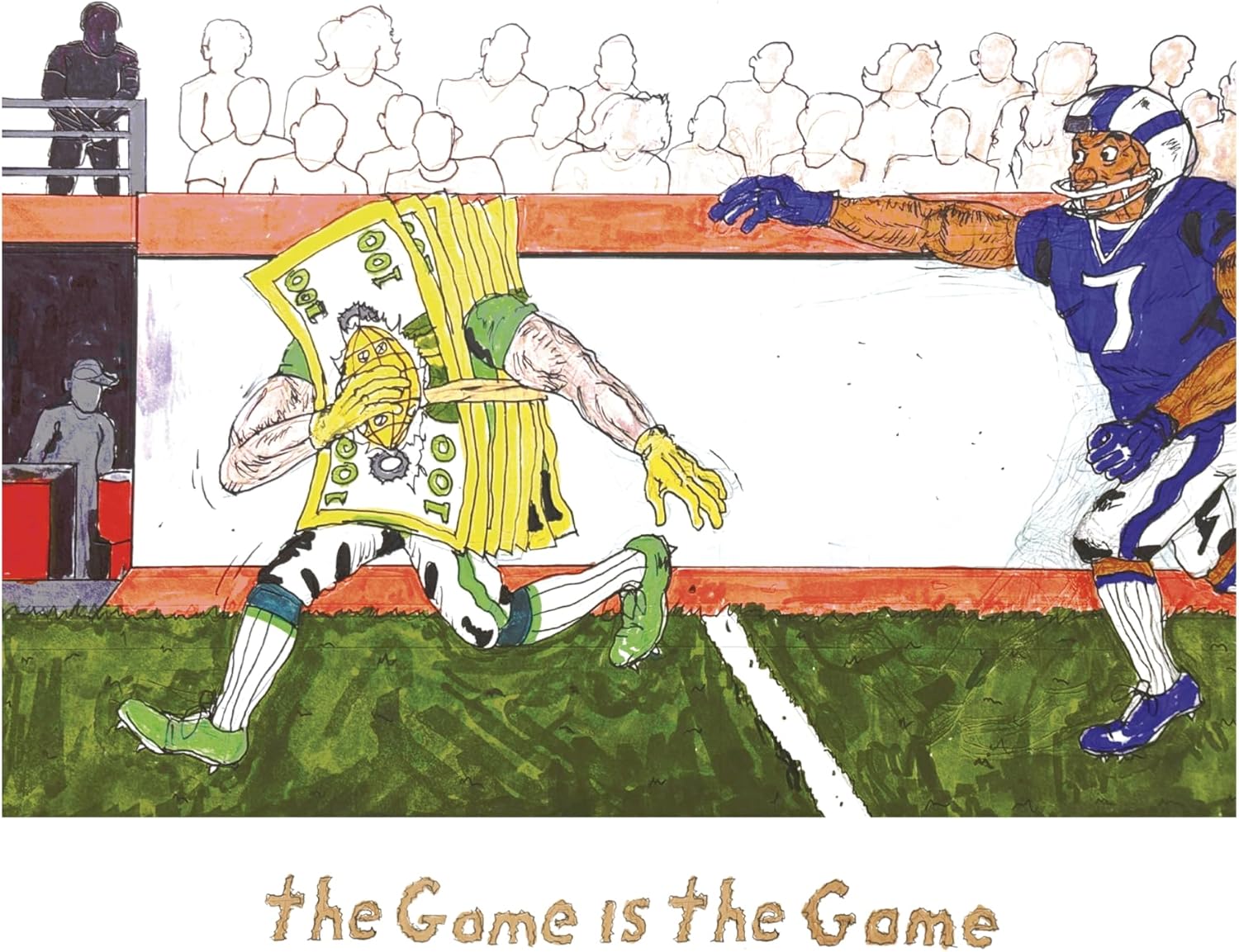 Cartoon illustration of football players with money falling from a runner.