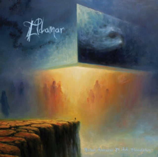 Painted album cover with figures, a cliff, and a glowing rectangular shape.