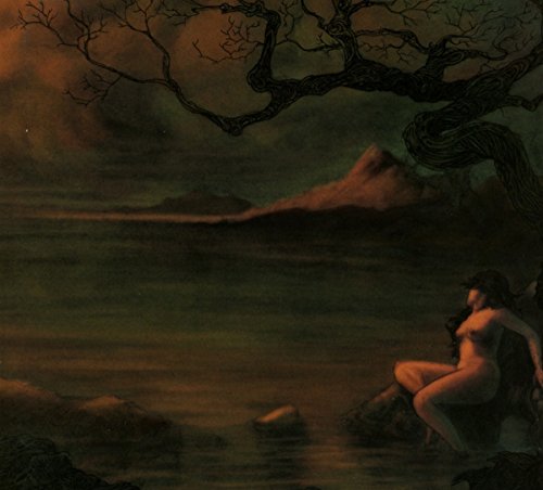 Dark landscape painting with a nude figure by water and a tree.