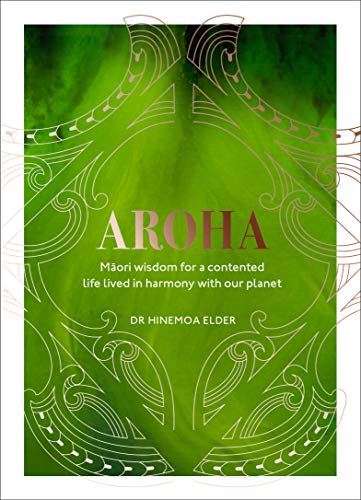 Book cover with green and gold Maori designs and the title "Aroha".
