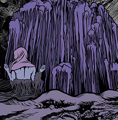 Purple and black illustration of a figure before tall, spire-like structures.