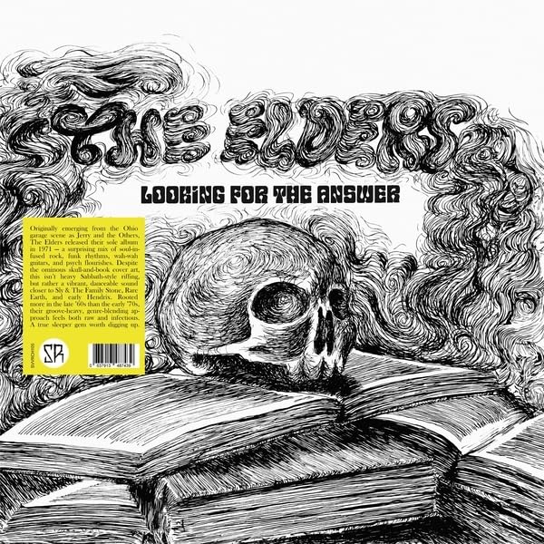 Black and white vinyl record cover with a skull and open book illustration.