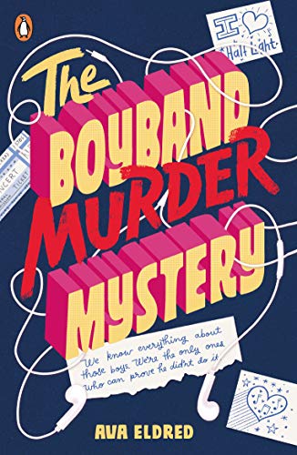 Book cover with 3D text "The Boyband Murder Mystery" surrounded by white earphone cables.