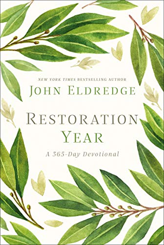 Book cover for Restoration Year by John Eldredge, featuring watercolor green leaves on white.