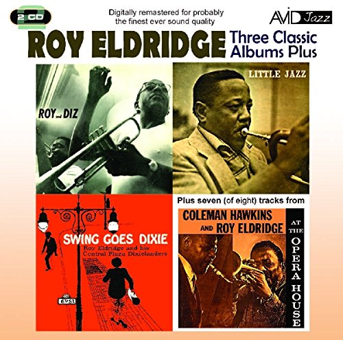 "CD cover with four album images and title 'Roy Eldridge Three Classic Albums Plus'."