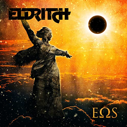Album cover for Eldritch’s “Eos” featuring a statue against a fiery sky.
