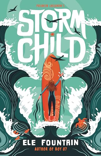 A girl on a surfboard floats in turbulent green ocean waves under the title Storm Child.