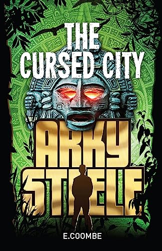 Book cover: stone mask with glowing eyes, silhouetted figure, jungle foliage.