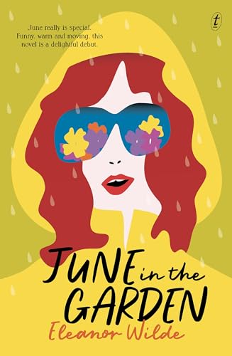 Illustration of a woman in a yellow raincoat wearing sunglasses reflecting colorful flowers.